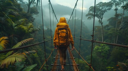 Adventurous backpacker crossing a suspended bridge in a lush rainforest, thrilling travel scene, YouTube thumbnail with copy space for text on left