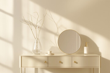 modern living room interior, Enter a world of luxury and beauty with an exquisite modern, minimal beige dressing table