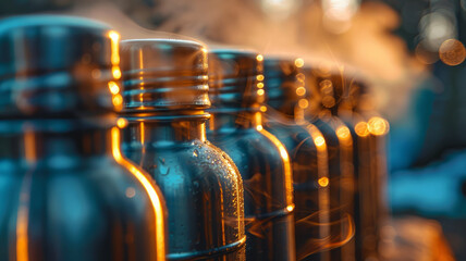 Row of blue glass bottles with condensation.
