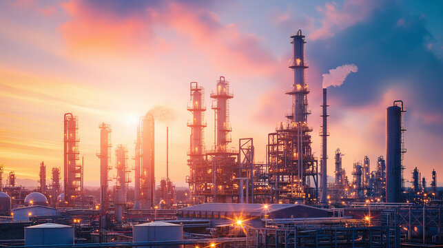 Industrial Towers Rising, Touched By Sunset's Radiant Hues