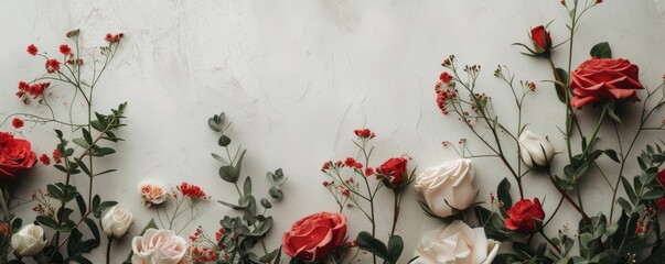Elegant floral arrangement with red and white roses on a textured background