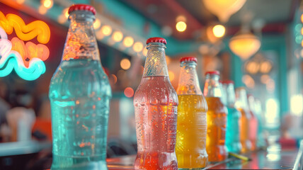 Row of colorful soda bottles on a counter