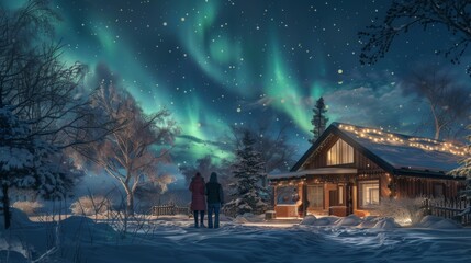 A family bundled up in warm clothes, gazing in wonder at the northern lights from the comfort of their backyard.