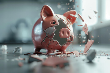 3D render of A conceptual visualization of a broken piggy bank, illustrating the personal financial loss many face during a crisis 