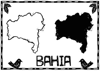 Bahia, Northeastern Brazilian state in silhouette. Woodcut style.