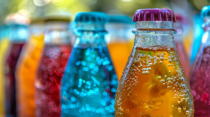 A row of colorful fizzy drink bottles.