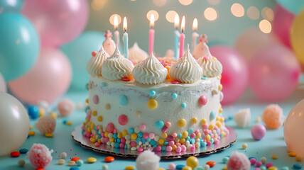 Birthday cake with lit candles and decorations