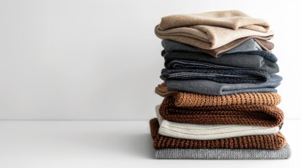 a stack of folded clothing arranged on a dark background, featuring a variety of items such as jeans, pants, t-shirts, sweatshirts, and sweaters, all in muted earth tones.