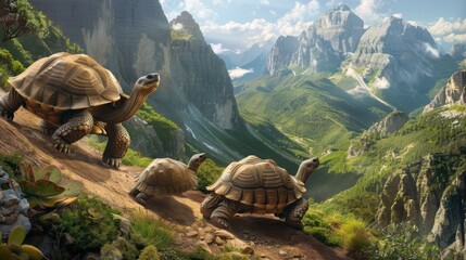 A family of tortoises crossing a rugged mountain trail, symbolizing perseverance and unity.