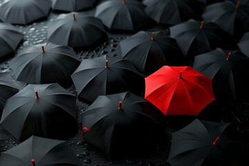 3D render of a red umbrella in a sea of black umbrellas from above, showcasing being different and leading 