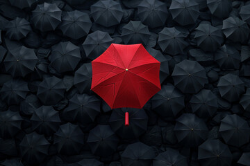 3D render of a red umbrella in a sea of black umbrellas from above, showcasing being different and leading 