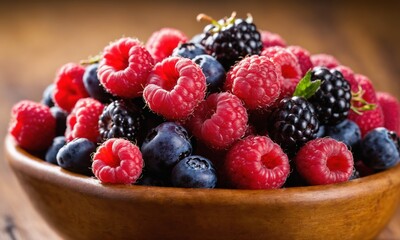 Wooden bowl with raspberries, blueberries, and blackberries on table
