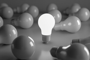 3D render of a single bright lightbulb among dim ones, illustrating the concept of leading ideas and innovation 