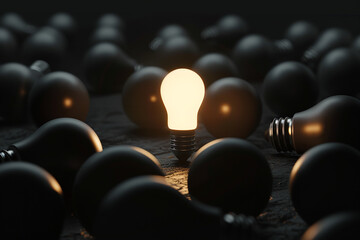 Obraz premium 3D render of a single bright lightbulb among dim ones, illustrating the concept of leading ideas and innovation 