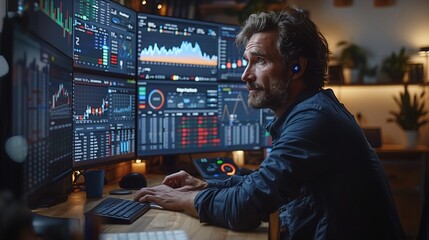 Businessman viewing financial data on multiple monitors, late evening office, intense focus, YouTube thumbnail with copy space for text on left