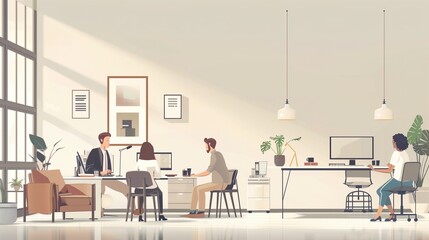 Minimalist Office Design - Realistic 2D Illustration with Copy Space for Text.