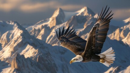 Fototapeta premium Majestic Bald Eagle in Rocky Mountains - Realistic 2D Illustration with Copy Space for Text.