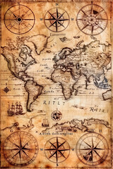 Vintage map of the world with wind rose and compass on old paper