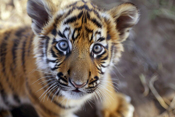 Playful baby tiger cub with bright eyes and striped fur