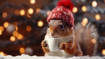 A cheerful cute squirrel in a knitted hat drinks cocoa from a cup against the background of a...