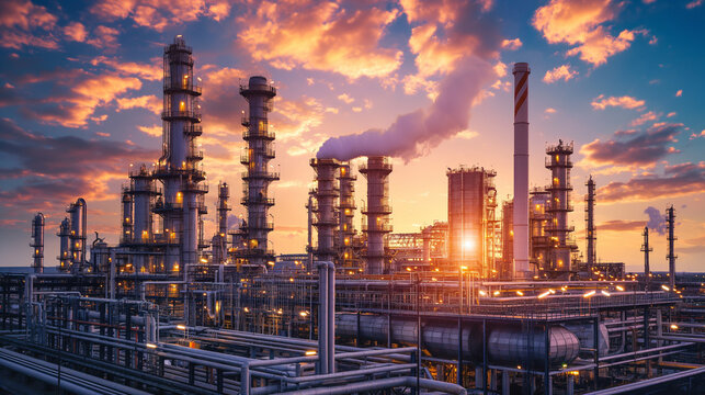 Dramatic industrial scene, sprawling refinery under a twilight sky, towers emitting steam and complex piping highlighted, symbolizing energy production