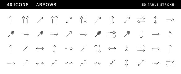 Arrow icon collection. Interface arrows, direction, navigation, different direction, exchange, transfer, compress, orientation, expand and more. Editable stroke. Pixel Perfect. Grid base 32 x 32.