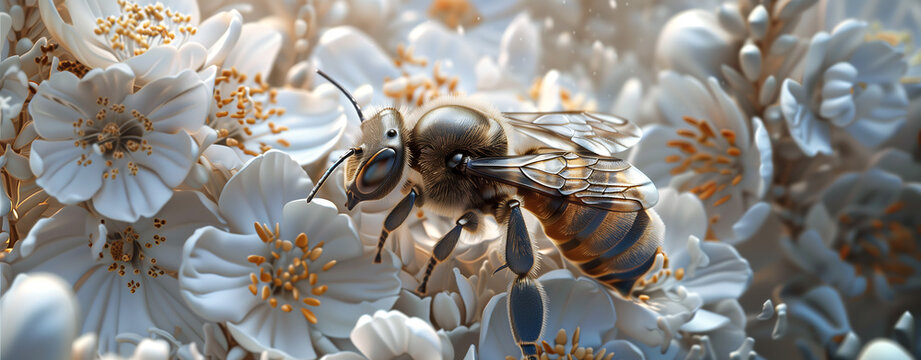 Macro of honey bee (Apis) feeding on white flower