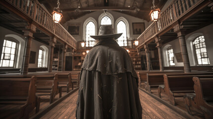 Mysterious Figure in Old Western Attire Standing in Historic Library or church