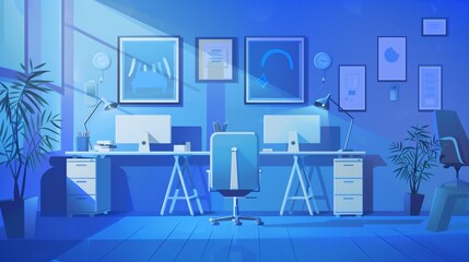Serene Workspace Atmosphere - Detailed 2D Illustration with Copy Space for Text.