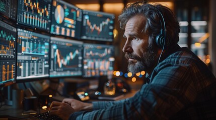 Businessman viewing financial data on multiple monitors, late evening office, intense focus, YouTube thumbnail with copy space for text on left