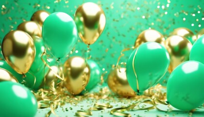 'ribbons. Background confetti balloons AI. Photorealistic golden festive green generated drawing mint balloon birthday gold celebration shining beautiful sparkle new yea'
