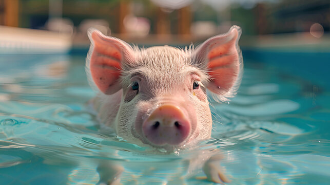 pet pig cute little animal swimming, Realistic collage generated by ai image of pet pig cute little animal swimming in spa resort pool relax, Generative Ai 