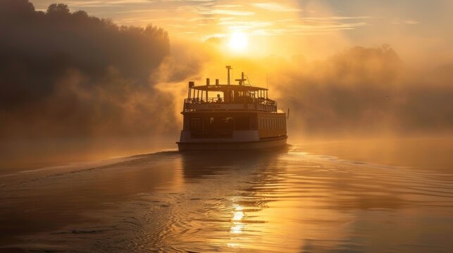 A ferry gliding across a misty river at sunrise, passengers aboard enjoying the peaceful journey to their destination.