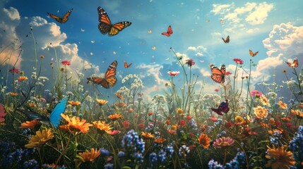 A field of wildflowers adorned with an array of colorful butterflies, a picturesque scene straight from a fairy tale.