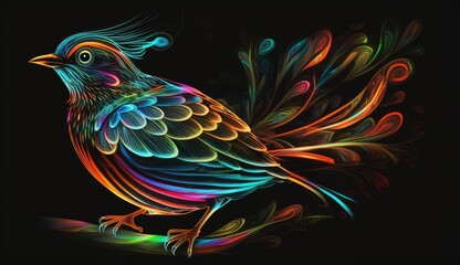Fototapeta premium A closeup abstract design of a glowing bird with a long tail, surrounded by swirling neon colors,set against a black background