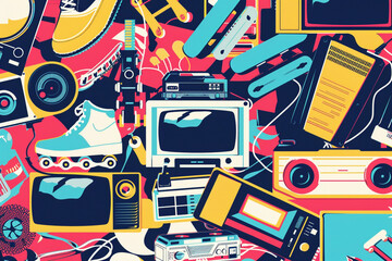 90s pop culture vector collage, featuring iconic items like cassette tapes, rollerblades, and vintage TVs, playful and nostalgic 