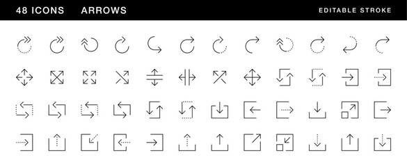 Arrow icon collection. Interface arrows, direction, navigation, right curved, circular arrow, expand, download, upload and more. Editable stroke. Pixel Perfect. Grid base 32 x 32.