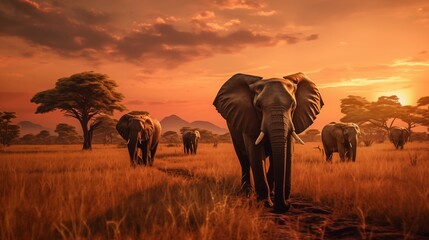 a herd of elephants walking across a dry grass field at sunset with the sun in the background and a few trees in the foreground.