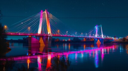 Naklejka premium A futuristic cable-stayed bridge illuminated with colorful LED lights, spanning across a river and reflecting its brilliance on the water's surface.