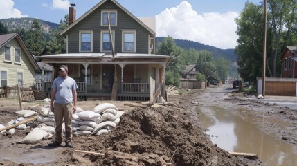 a man standing in front of his flood-damaged house, surrounded by mud and water indicative of a rising river, striving to shield it from the encroaching floodwaters.