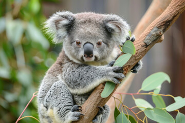 Obraz premium Snuggly baby koala clinging to eucalyptus branch