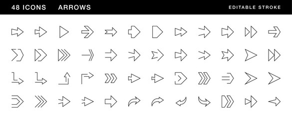 Arrow icon collection. Interface arrows, direction, navigation, triangular, directional, dual arrow and more. Editable stroke. Pixel Perfect. Grid base 32 x 32.