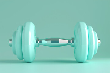 A 3D fitness dumbbell icon, on a pastel aqua background 