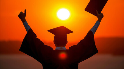 Joyful Graduate Celebrating Success at Sunset. Education concept