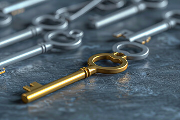 A 3D illustration of a gold key among silver keys, symbolizing the unique solution and leadership in business strategy 