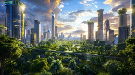 Fototapeta premium A futuristic cityscape with sleek skyscrapers rising above lush green parks and urban gardens, blending nature and modernity in harmonious coexistence.