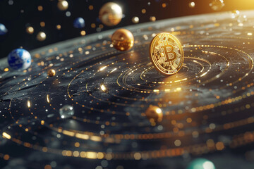A 3D illustration of a golden Bitcoin coin at the center of a solar system with other cryptocurrencies orbiting around it  - obrazy, fototapety, plakaty