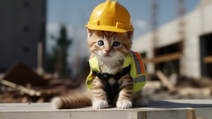 A kitten dressed as a builder at a construction site with safety helmet.