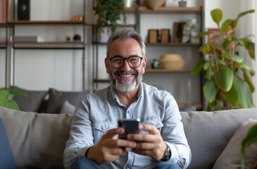 Close up smiling man wearing glasses using smartphone, sitting on couch at home, happy male looking at phone screen, browsing apps, chatting or shopping online, having fun with gadget - Powered by Adobe