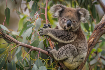 Snuggly baby koala clinging to eucalyptus branch